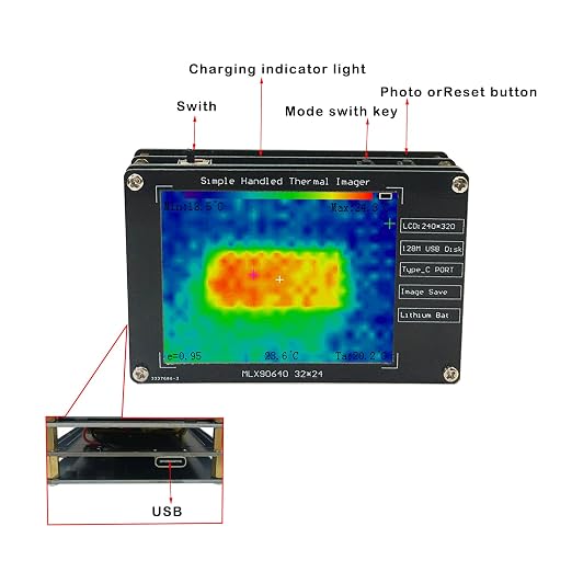 Handheld Infrared Thermal Imager Camera 320x240 Thermal Imaging Device with 2.8” LCD Screen USB-C Rechargeable -30°C to 200°C Temperature Range Portable for Home Automotive