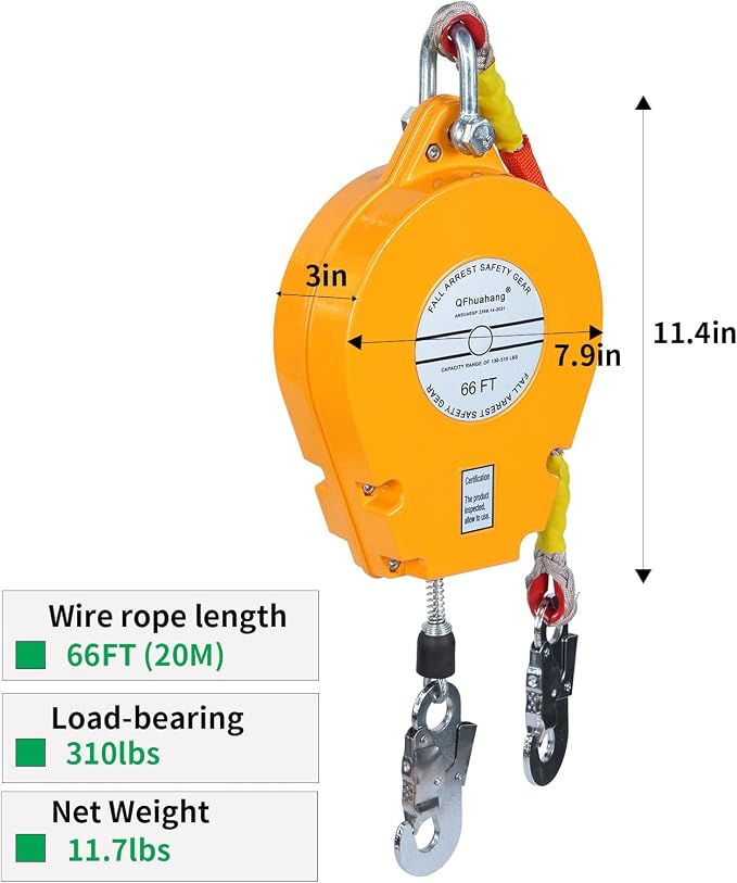 66FT Self Retracting Lifeline, Adjustable Retractable Lifeline Fall Protection Rope, Heavy Duty Retractable Lanyard, Roofing Lifelines, Industrial Fall Arrest Retractor