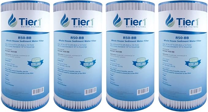 Tier1 50 Micron 10 x 4.5 Water Filter | Pleated Polyester Whole House Sediment Filter Cartridge | Replacement for Pentek R50-BB, 155053-43, SPC-45-1050 | High Flow 4.5 x 10 Water Pre-Filter (4-Pack)