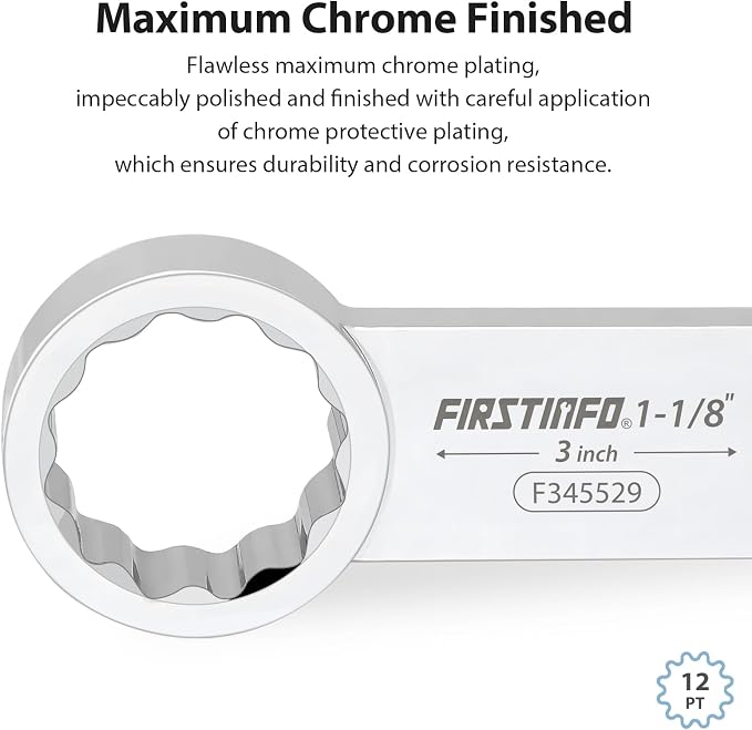FIRSTINFO 1/2-inch Drive 1-1/8" 12-Point Box End Torque Adapter | 3 in center-to-center length • Fits 4, 6 & 12-point fasteners • CR-V steel • Thin-wall access • Made in Taiwan