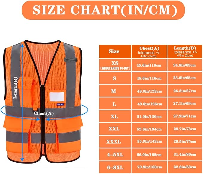 A-SAFETY ANSI/ISEA Standard Class 2 Hi-Vis Mesh Vest, Zip, Orange, 6XL-8XL | Orange 6XL-8XL Class 2 mesh safety vest with 7 pockets, black front zipper and reflective strips for railway operations.