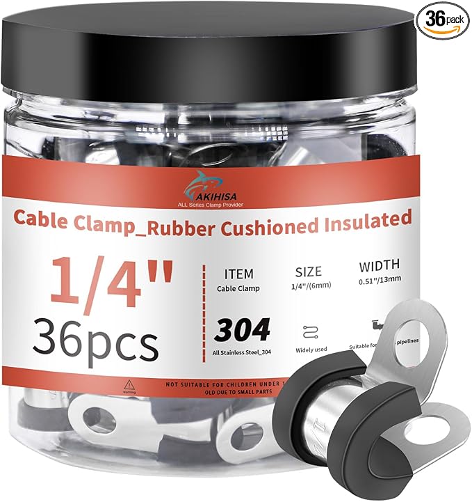 AKIHISA 36Pcs 1/4 Inch Cable Clamps, 304 Stainless Steel Conduit Clamps, for Cable, Pipe, Hose, Fuel Line, Metal Wire Cord Installation