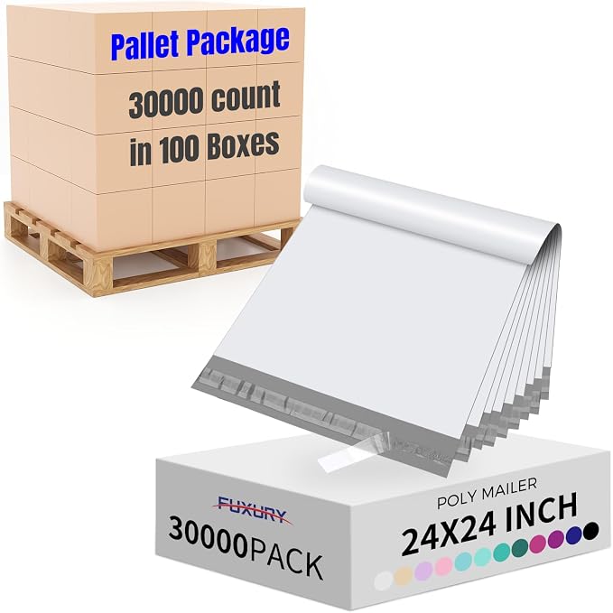 Fuxury 30000 Pcs Large Poly Mailers 24x24 Inch, Waterproof Shipping Bags for Clothing, Strong Adhesive Shipping Envelopes for Small Business Suppliers, Self Seal Mailers Poly Mailing Bags White