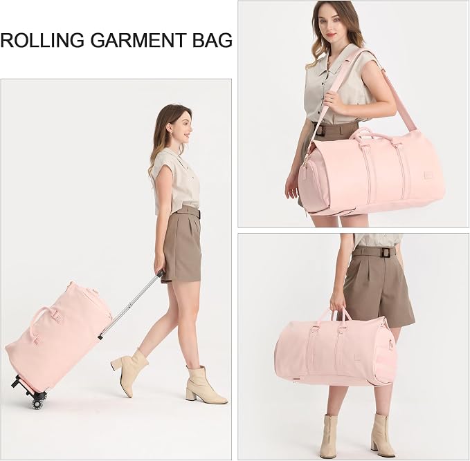 seyfocnia Rolling Garment Bag,Rolling Duffle Bag with Wheels Rolling Garment Bags for Travel with Shoe Pouch Carry On Bag Weekender Bags Garment Duffel Bag for Women-Pink