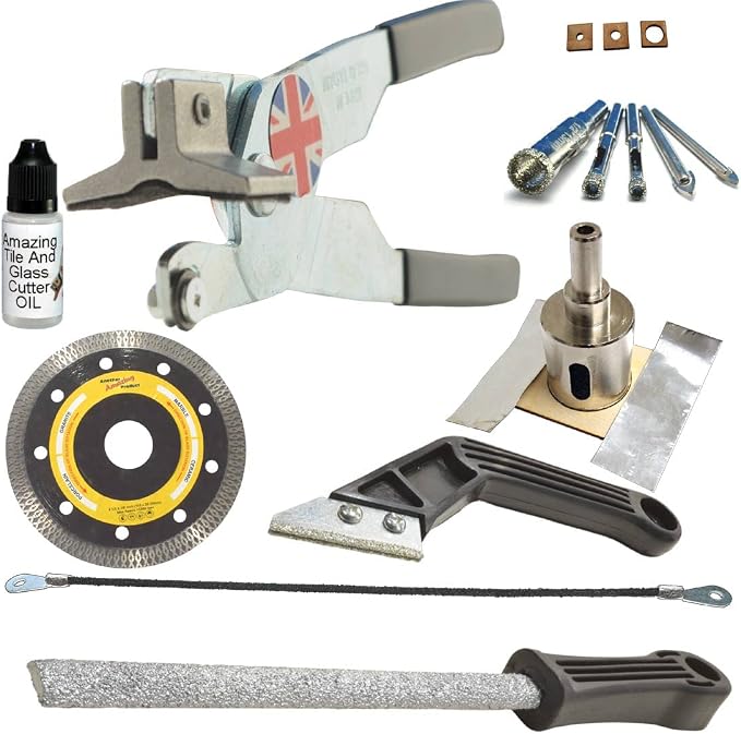 Ceramic Tile Cutting Tools Kit - 4 Porcelain Drill Bits, Hole Saw for Pipes, Saw Blade for Notching, Grinder for Cutting Out Sockets, File for Trimming Edges, Grout Rake for Cleaning