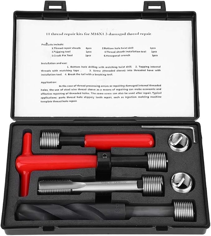 Helicoil Thread Repair Tool Kit- 11PCS M16x1.5 Helicoil Kit with HSS Drill Bit,Tap & Break-Off Tool,Hex Wrench,Thread Inserts with Carry Case