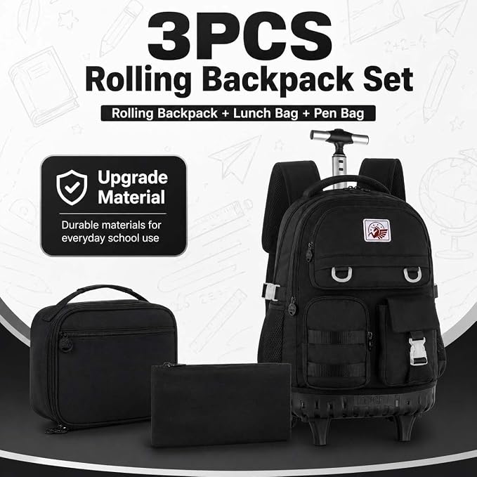 CCJPX Rolling Backpack for Girls Women, 21 inch Roller Wheels School Bookbag, Wheeled Suitcase Backpacks with Lunch Bag for Teen - Black