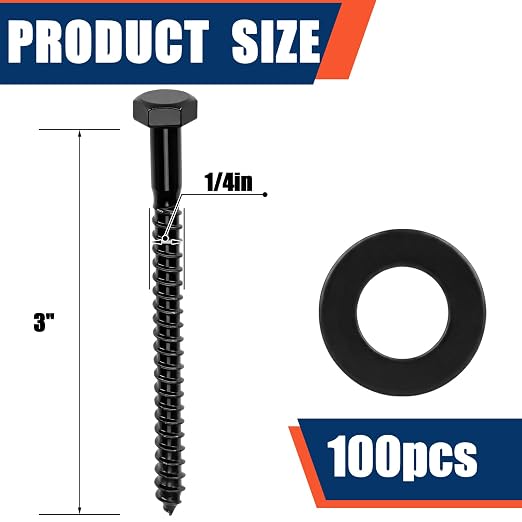Tandefio 100 Pack 1/4''x 3' Hex Head Lag Bolts for Wood Ceramic Black Lag Screw Kit with Washers Heavy Duty Hot Dip Galvanized Coating Double Layer for Decks Fences