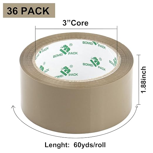 BOMEI PACK 36Rolls Brown Packing Tape with Dispenser, Box Packing Tape Rolls for Packaging, Shipping and Moving, 2.4Mil 1.88 Inch x 60 Yard