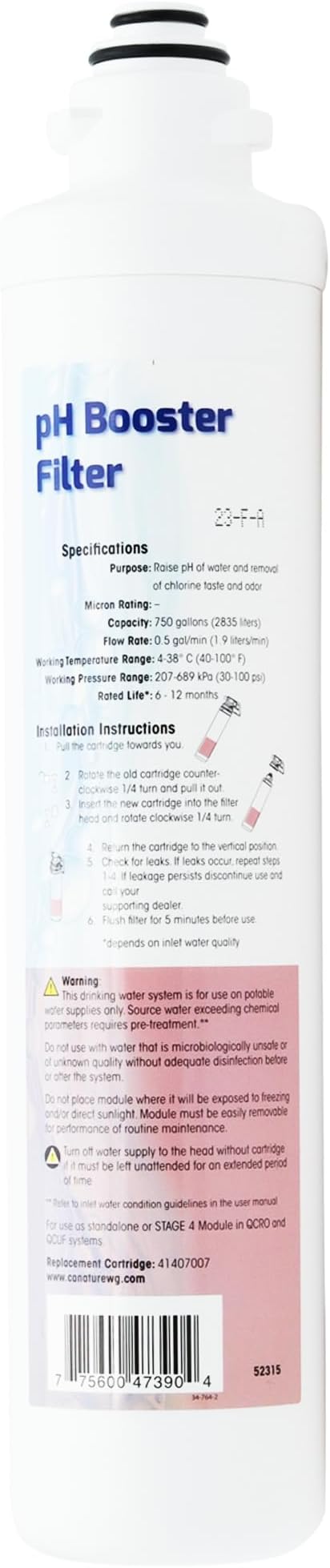 Aqua Flo 41407007 Quick Change pH Booster Filter for QCRO and QCUF 4-Stage Systems Remineralizes Water Raises pH Reduces Chlorine Taste and Odor | For QCRO and QCUF 4-Stage Systems, Remineralizes Water, Raises pH, Reduces Chlorine Taste and Odor