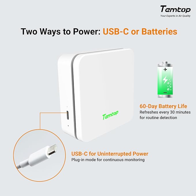 Temtop P1 Air Quality Monitor, PM2.5/PM10/Temperature/Humidity Sensor with Bluetooth App, AQI Tracking & Portable Design for Home, Office, Car, and Travel Use
