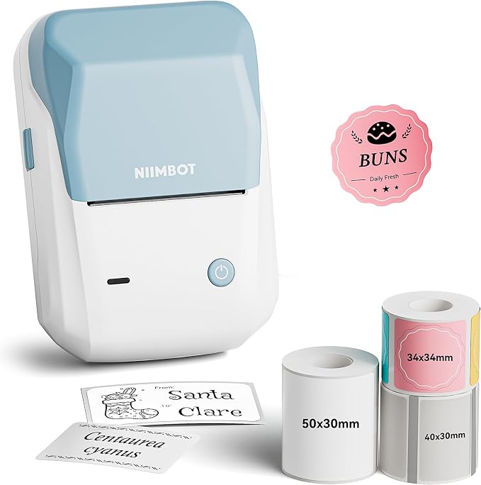 NIIMBOT 2Inch Label Maker Machine with 3 Tape, B1 Portable Sticker Printer for Small Businesses, Clothing, Logo, Jar, Address, Compatible with Phones & PC, Blue White