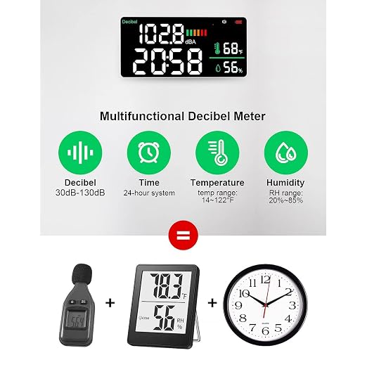4 in 1 LED Decibel Meter Wall Mounted Sound Level Meter 11 Inch Large Display with Thermometer Hygrometer Clock for Noise Temperature Humidity Monitoring