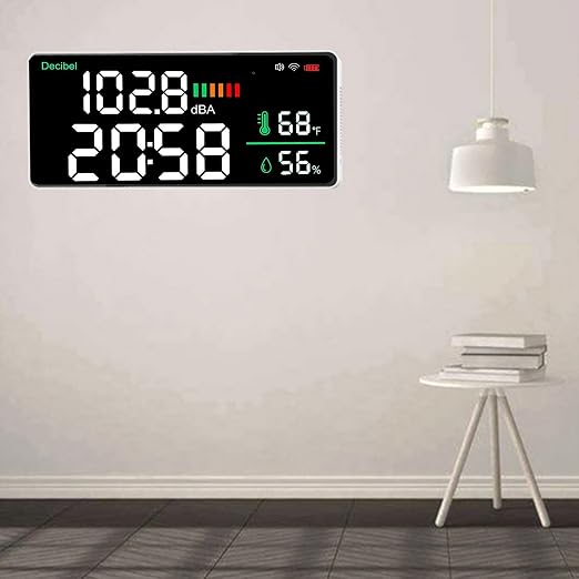 4 in 1 LED Decibel Meter Wall Mounted Sound Level Meter 11 Inch Large Display with Thermometer Hygrometer Clock for Noise Temperature Humidity Monitoring