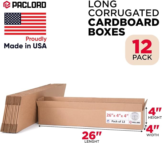 Long Cardboard Boxes 26"L x 4"W x 4"H (Pack of 12) - USA-Made Packing Boxes for Moving, Shipping, or Storage - USPS, UPS, FedEx Approved - Professional Packing Supplies for Moving | USA-Made Packing Boxes for Moving, Shipping, or Storage - USPS, UPS, F...