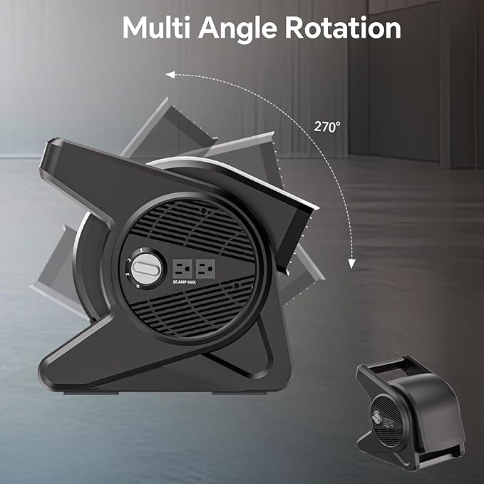shinic 15" Utility Pivoting Blower Fan, High Velocity Floor Blower with 2 120V Outlets, 3 Speeds Utility Fans Air Mover, Ideal for Work Shop Garage Gym Jobsite, Floor & Carpet Drying Use(Black)
