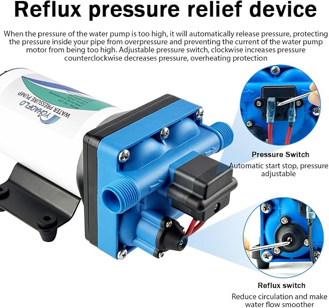 12V DC electric high-pressure self-priming diaphragm pump, Equipped with pressure switch，5.5GPM, 70Psi, for RV Marine Yacht Lawn Garden