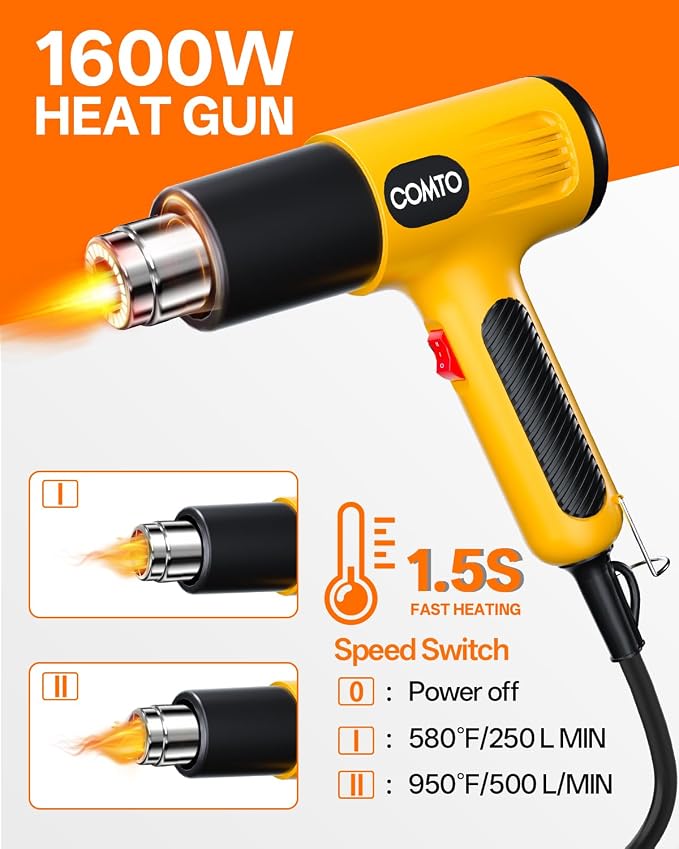 1600W Heat Gun, Hot Air Gun with 2 Temp Settings, 4 Nozzles, Overheat Protection, for Shrink Tubing, Shrink Wrap, Crafting, Resin, and DIY Projects - Yellow