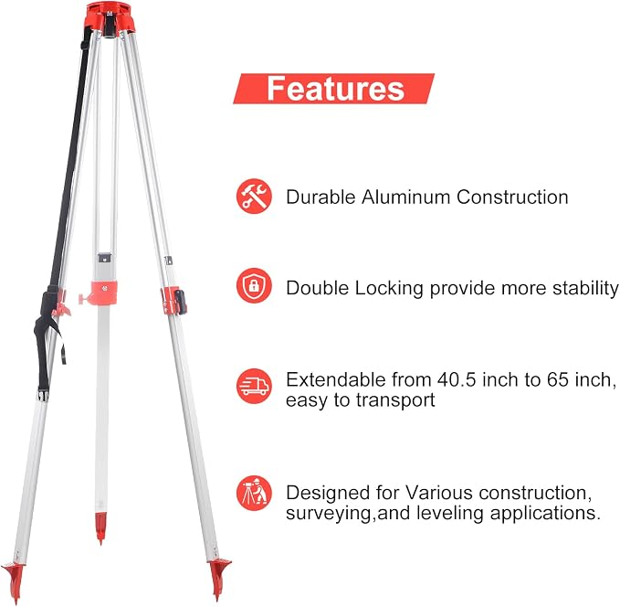KEZERS Aluminum Surveying Tripod, Heavy Duty Transit Level Tripod with Quick Clamp, 5/8"-11 Threaded Flat Tripod for Automatic Optical Level