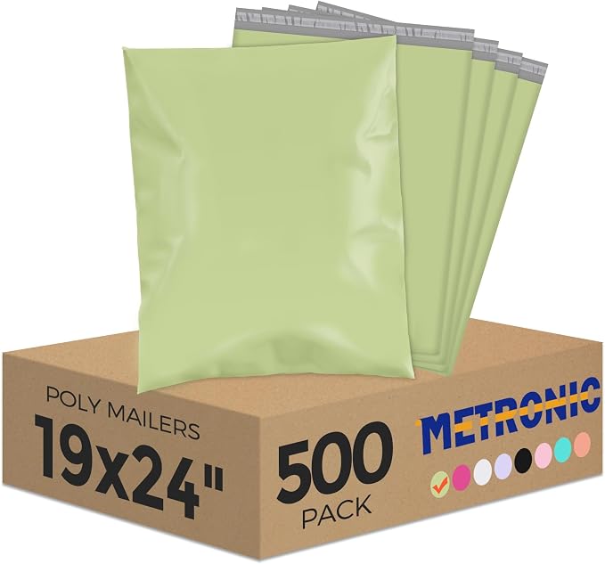 Metronic Large Poly Mailers 19x24 500 Pcs, Waterproof Shipping Bags for Clothing, Strong Adhensive Mailers Bags, Shipping Envelopes for Small Business, Tear-resistant Mailing Bags in Avocado Green