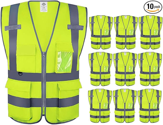 Dazonity High Visibility Safety Vest with Multi Pockets and Zipper, 10 Packs,Reflective Strips, Fit for Men & Women, Work, Construction,Cycling, Runnning, Surveyor, Volunteer (Yellow-3XL)