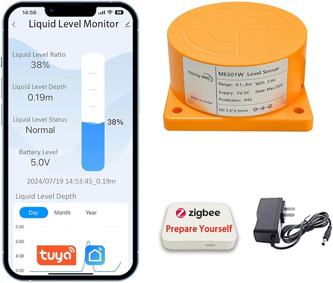 Moray Smart WiFi Water Level Sensor Water Tank Level Monitor Oil Tank Gauge Sensor , Automatic Alarm Indicator for Tuya Smart Life Mobile APP Smart Home Remote IP65 Waterproof (ME201WZ)