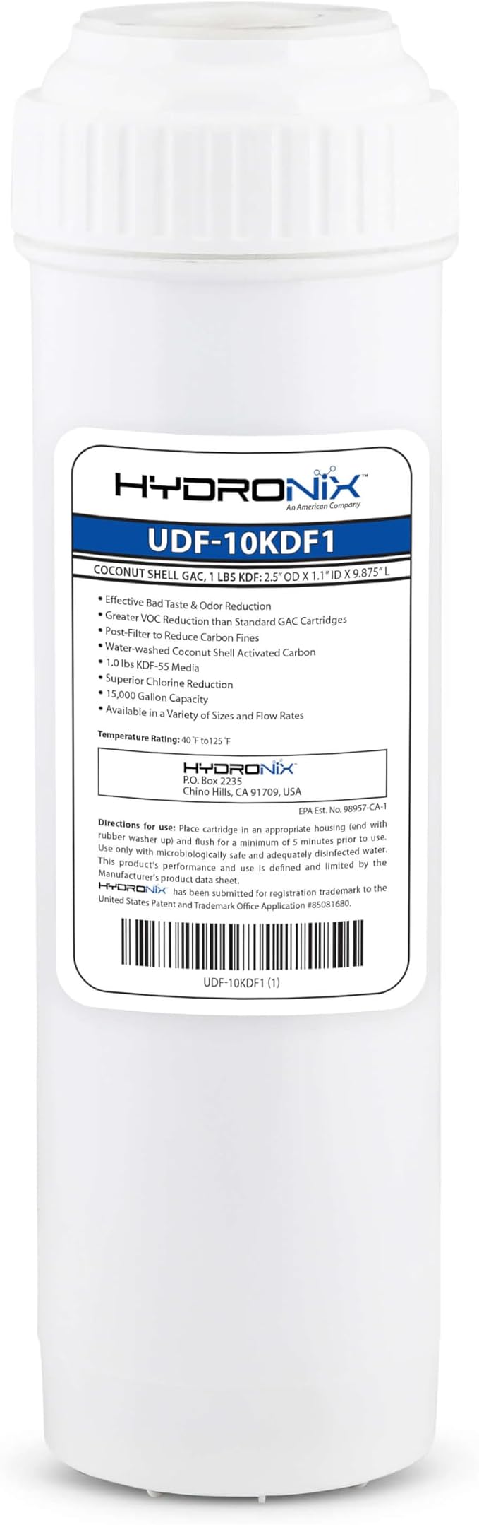 Hydronix UDF-10KDF.5 Chlorine, CTO, Heavy Metals, Bacteria & Scale Reduction Water Filter with 1/2 lb KDF, 2.5" x 10" (1 lb. KDF Media)