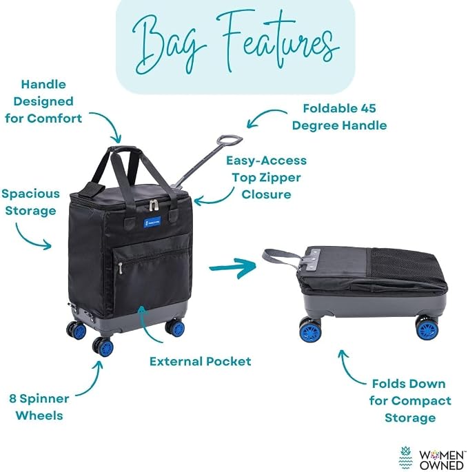 Handy Sandy Haul-It Foldable Rolling Tote – Patented Heavy-Duty Utility Bag with 8 Spinner Wheels, – Reusable Grocery Cart, Laundry Carrier, Travel Tote, Commuter Bag for Shopping & More -Blue