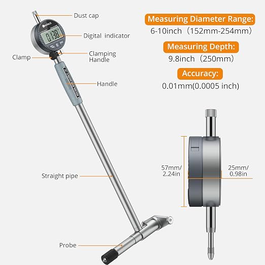 Neoteck 6-10"/0.0005" Digital Indicator Bore Gauge Set with 6 PCS Anvils 9.8" Measuring Depth Dial Bore Gauge with ABS Storage Box for Engine Cylinder Measurement