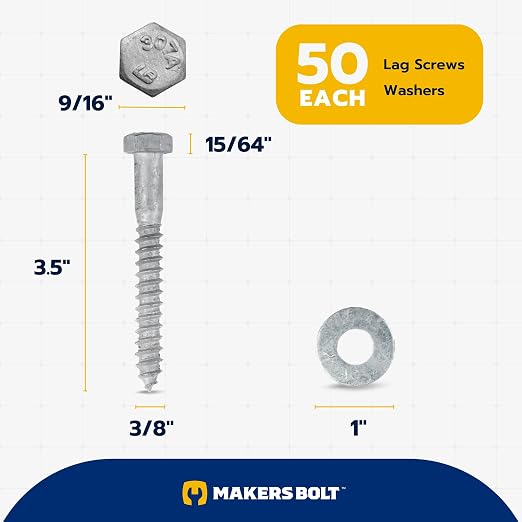3/8 x 3-1/2 (50 Pack) Lag Screw Kit, 50 Screws and 50 washers, Hot Dip Galvanized, Meets ASME B18.2.1 Industrial/Commercial Grade by Makers Bolt