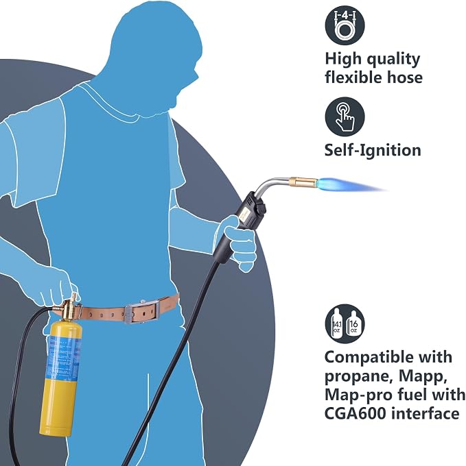 MAPP Map Gas Torch Kit with Self-Ignition - Soldering Propane Torch with 4.9ft Hose, 25,000 BTU Flow Head, CGA600 Compatible for Brazing Pipe Welding HVAC Plumbing DIY