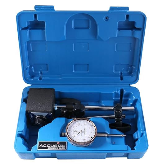 Accusize Industrial Tools 0-1'' by 0.001'' Dial Indicator with Magnetic Base Set, 60 Kg Capacity, Eg00-1038 | 176 lb Pull, On/Off Switch, V-Groove Bottom, Fine Adjustment, 0.001" Graduation