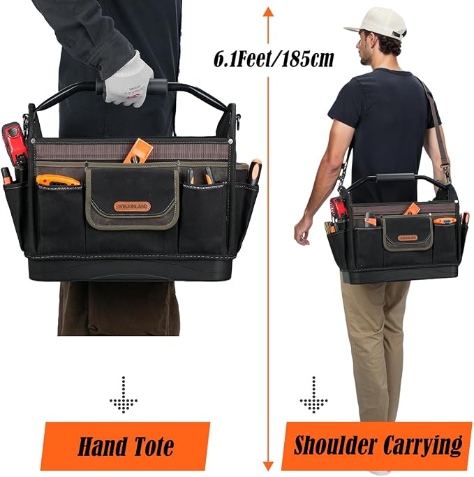 WELKINLAND 16'' Hard-Bottom Tool Tote, 32-Pocket Electrician Tool Bag, Waxed-Canvas HVAC Bag, Stay-Up Open Top Tools Tote, Quick-Access Totes For Electrician, Heavy-Duty Tools Bags For Men