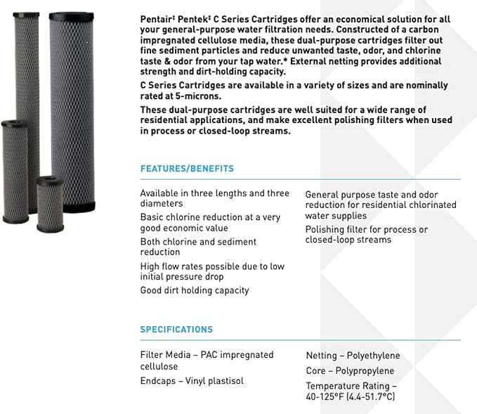 Pentek Pentair Pentek C1 Carbon Water Filter, 10-Inch, Under Sink Dual Purpose Powdered Activated Carbon-Impregnated Cellulose Replacement Cartridge, 10" x 2.5", 5 Micron, Black