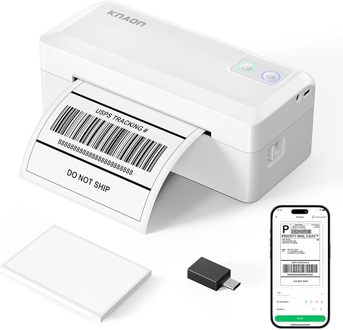 KNAON Shipping Thermal Label Printer, 4x6 Portable Label Printer, Bluetooth Label Maker for Small Business, Support iPhone,Android,Windows,Mac,Chromebook,Works with USPS, Etsy,Shopify&More, White