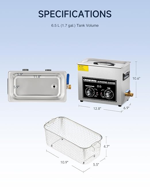 CREWORKS 6.5L Ultrasonic Cleaner with Knob, 1.7 gal 120W Professional Industrial Auto Cleaning Machine for Tools Watch Glasses Retainer Denture Parts, 40kHz Digital Heated Sonic Cavitation Cleaner