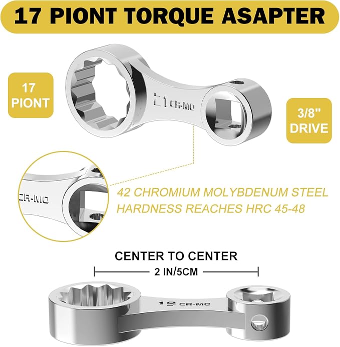 ANPUDS 17 Pcs Metric Torque Adapter Set, 8-22mm, 12-Point Extension, 3/8" | 1/2''+1/4'' + Bit Adapter, Cr-Mo Steel, Torque Wrench Adapter, for Engine Bay, Brake, Suspension & Tight Access, Silver
