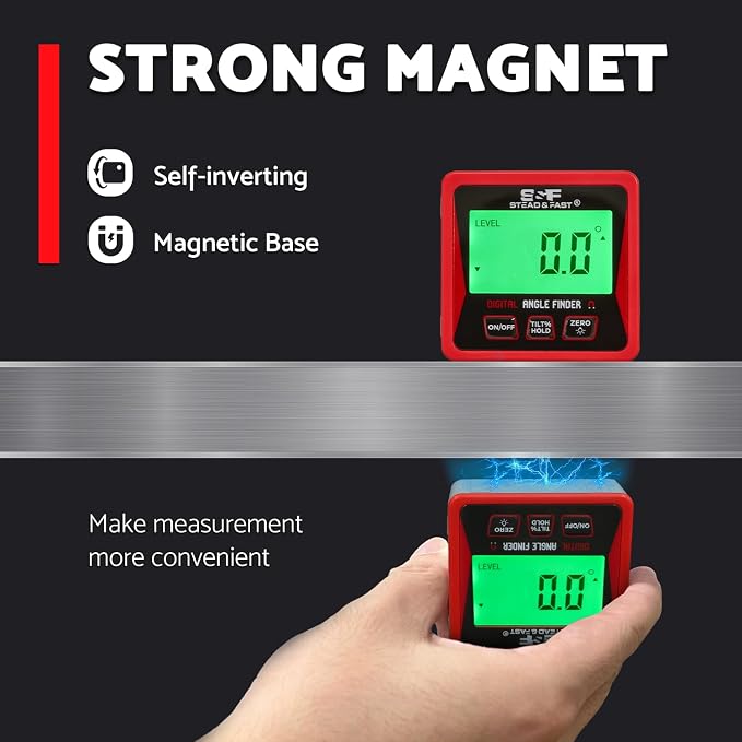 S&F STEAD & FAST Digital Angle Finder Magnetic, Digital Angle Gauge with Backlit LCD, Auto-Rotating Display, Degree Finder for Woodworking, Carpentry & Construction