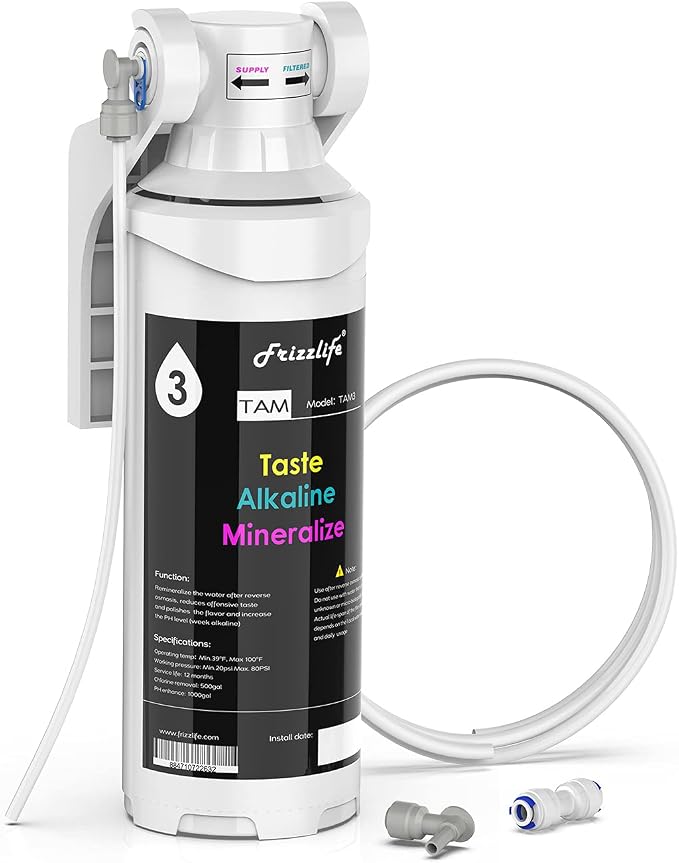 Frizzlife TAM3 Under Sink Inline Water Filter - Alkaline PH+ Remineralization, NSF/ANSI 42 Certified, Adjust Taste & PH, Restore Essential Minerals, 1/4" Pipe Fits for Reverse Osmosis Systems