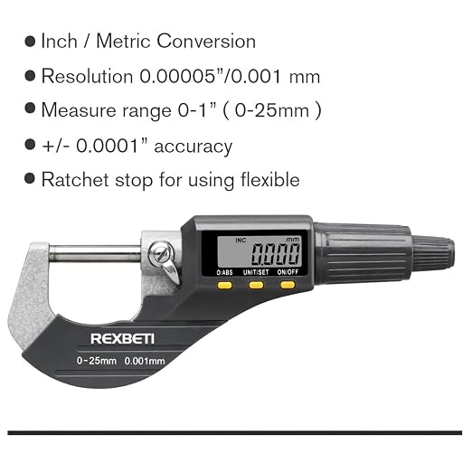 REXBETI Digital Micrometer, Professional Inch/Metric Measuring Tools 0.00005"/0.001 mm Resolution Thickness Gauge, Protective Case with Extra Battery