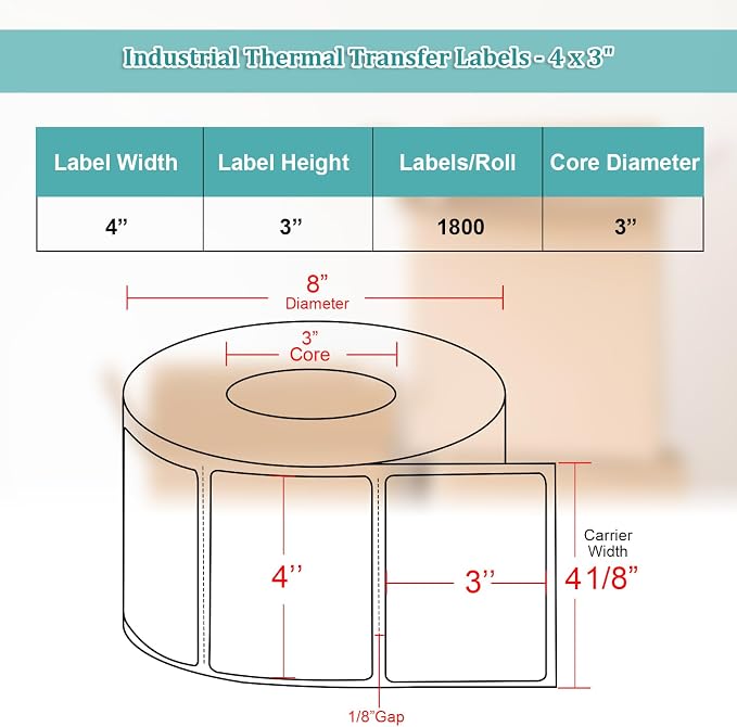 Industrial Thermal Transfer Labels, 4 x 3 Inches, 3 Inch Core, 1,800 Labels/Roll- 1 Rolls/Case, Perforated, Ribbon Required, for Thermal Transfer Printers