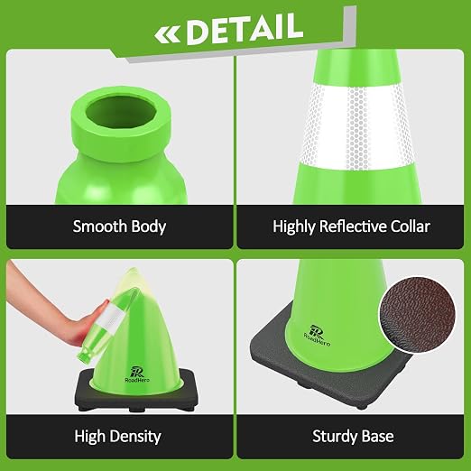 RoadHero 8 Pack Traffic Safety Cones 18 Inch with Black Weighted Base, Plastic PVC Lime Green Cone with Reflective Collar, Cones for Parking Lot, Construction Events, Road Safety
