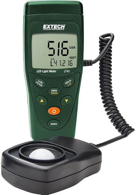 Extech LT45 LED Light Meter | White and color LED (R/Y/G/B/purple), to 400000 lux, stores 99, coiled cable to 1.5m, 9V, hard case
