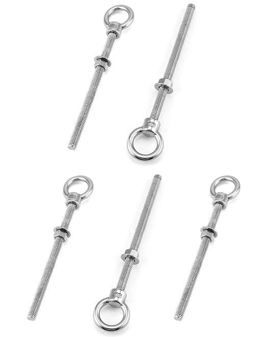QWORK Threaded Eyebolts, 5 Pack 3/8" x 6" Long Stainless Steel Marine Grade Shoulder Eye Bolt