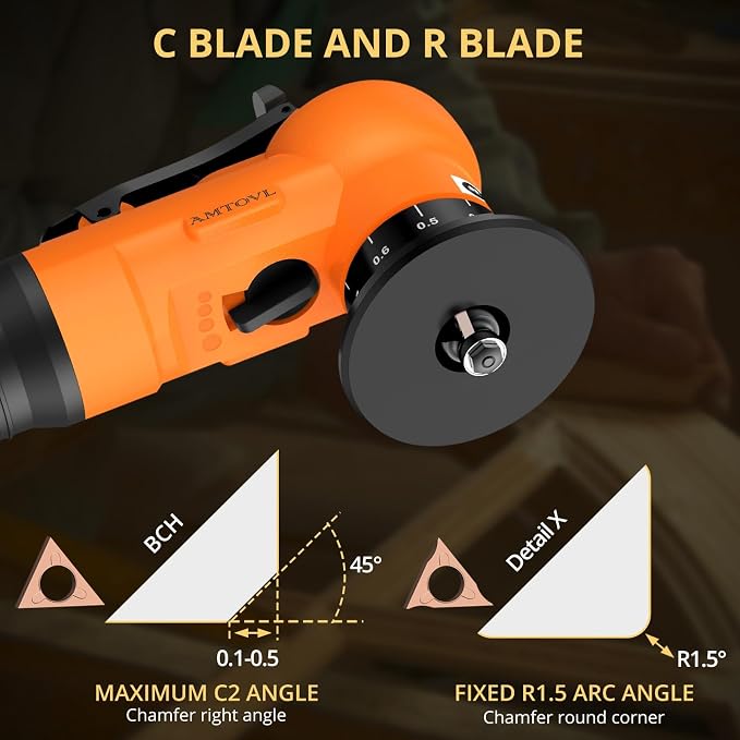 AMTOVL Pneumatic Chamfering Tool - Mini Air Chamfer Tool with 10 C-Angle & 10 R-Angle Blades, 45° 30000 RPM Chamfering Tool for Metal and Wood with 1/4" Air Inlet