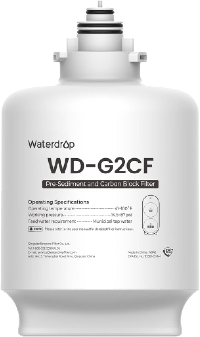 Waterdrop G2CF Filter, Replacement for G2 & G2P600 & G2MNR RO System | 12-Month Lifetime, Under-Sink Water Filter Replacement, Long Lifespan, High Capacity, Easy Replacement