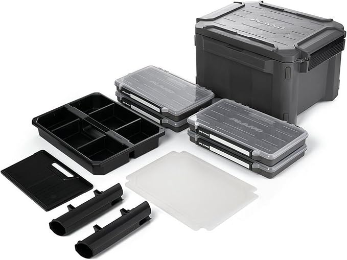 Plano GoNow Freshwater Fish Kit, Waterproof Field Box with Rod Holders, Cutting Board, 4 StowAway 3700 Boxes, Modular Storage Organizer, Charcoal