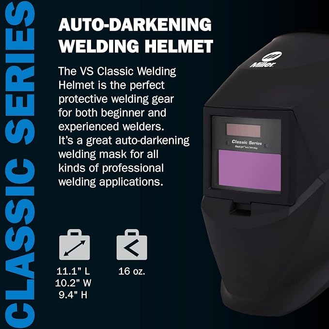 Miller Classic Series Auto-Darkening Welding Helmet - Professional TIG/MIG Welding Mask with ClearLight Technology, High Definition Optics, Variable Shade 8-13, Comfortable Headgear, Black