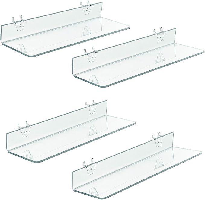 Azar Displays 556016 Clear Acrylic Shelf for Pegboard or Slatwall (4 Pack), 16" W x 4"D
