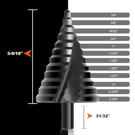 COMOWARE Step Drill Bit, 12 Sizes from 1/4" to 2-3/8", High Speed Steel Step Bit with 2 Spiral Flutes, 3-Flat Shank, Steps Bits for Metal, Aluminum/Wood/Plastic/Iron, Unibit for Electricians & DIY